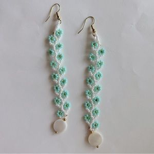 Beaded White Teal Flower Earrings